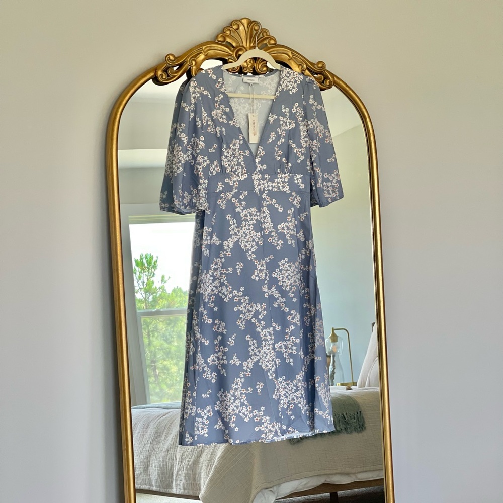 Rihoas - Blue V Neck Floral Midi Dress